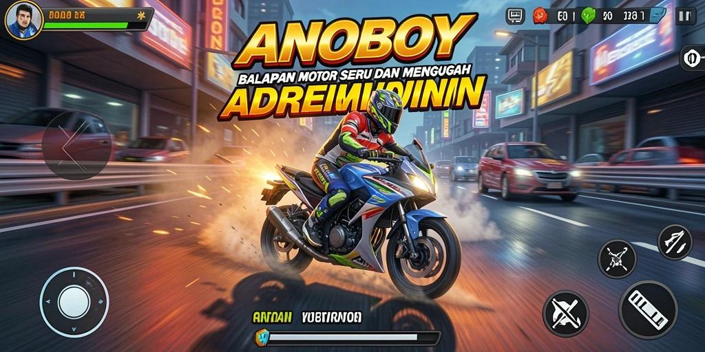 Tampilan gameplay ANOBOY dengan balapan motor yang mendebarkan.