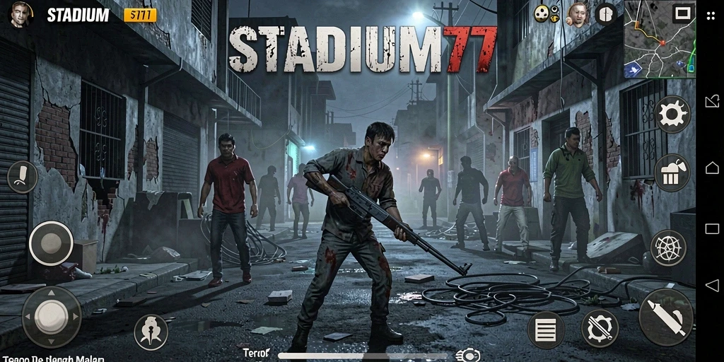 Tangkapan layar gameplay STADIUM77 menampilkan suasana mencekam yang intens.