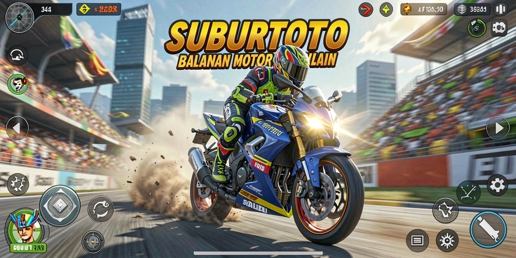 Tampilan gameplay SUBURTOTO dengan motor balap yang melaju kencang.